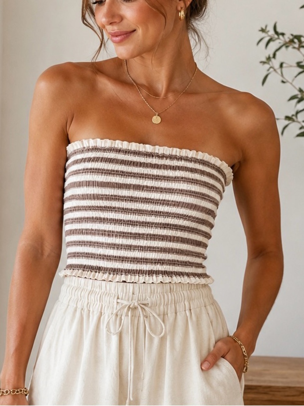 Christian Lacroix Brown & Cream Smocked Strapless Top